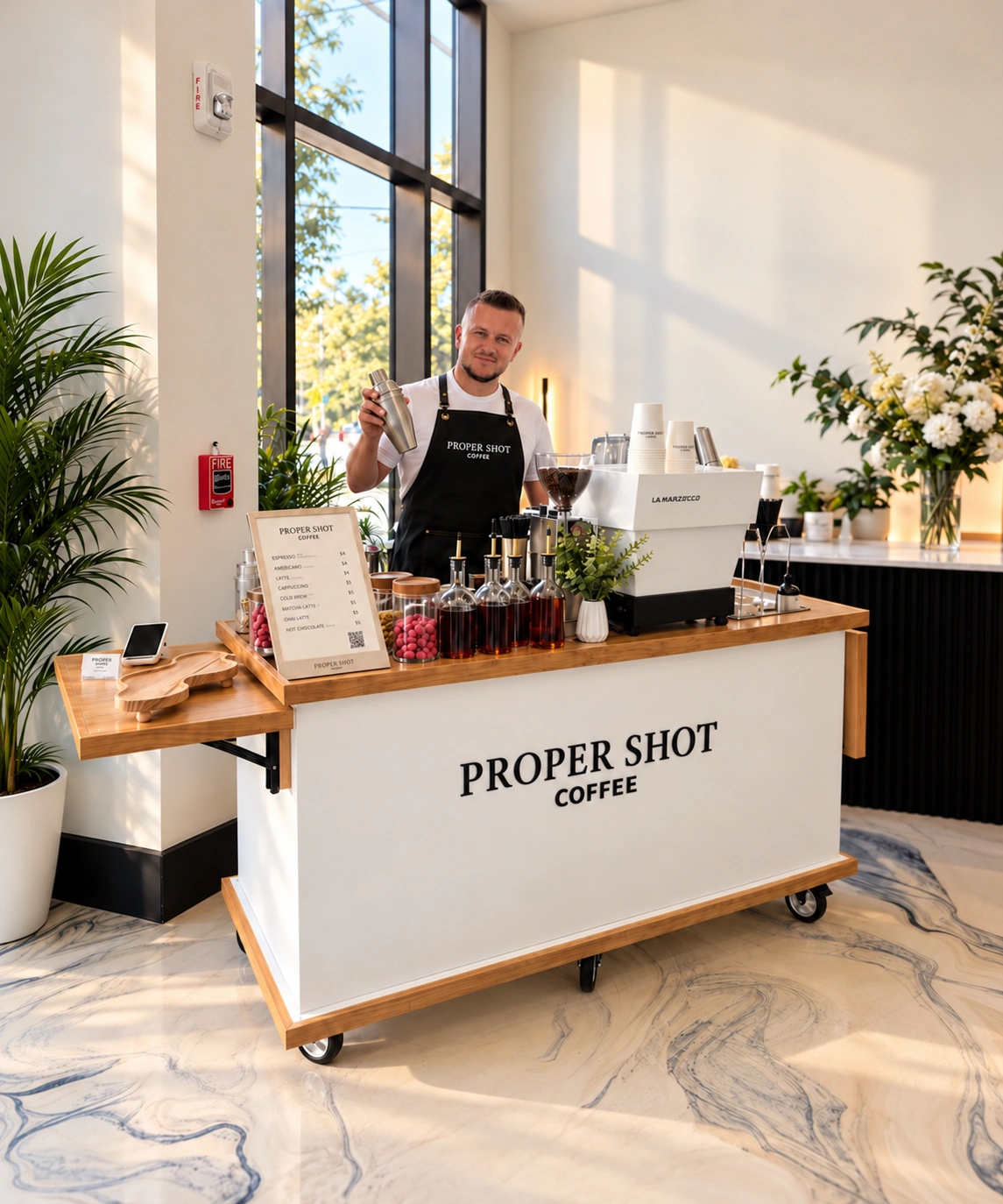 Proper Shot Coffee mobile espresso bar with the owner behind the cart